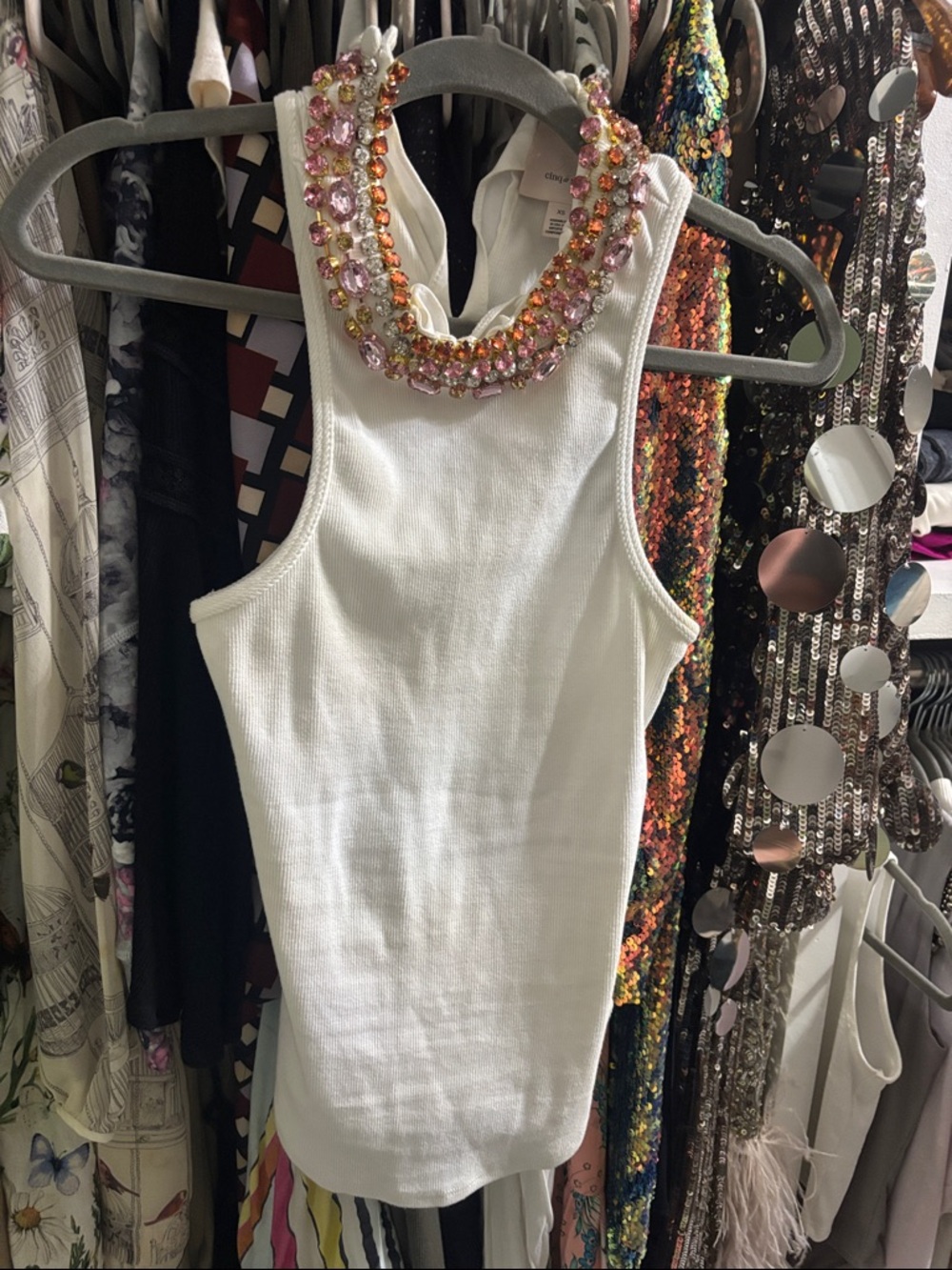 Cinq a Sept XS Embellished Jewel Neck White Tank Top